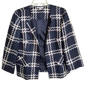 Pendleton Silk Blazer Women's Sz 10P Navy White Open front Pockets Lined Jacket